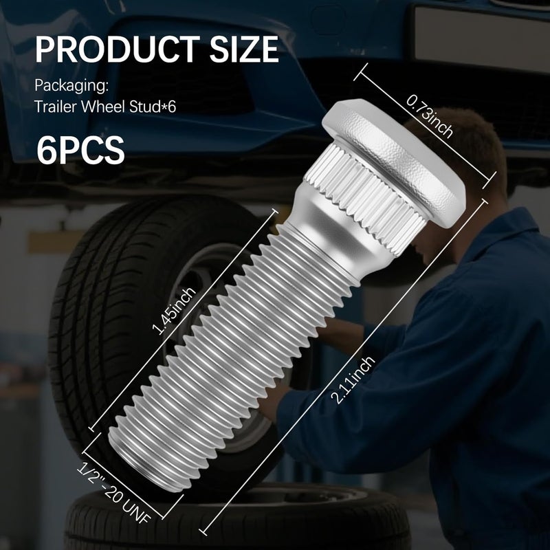 Figpade 6PCS Trailer UNF 1/2 20 Wheel Studs,Heavy Duty Wheel Bolts Load 2000-7000 lb Axles with Length 2.11"/Spline Diameter 0.56"/Stud Head 0.73",Professional Wheels Lug Studs - Image 2